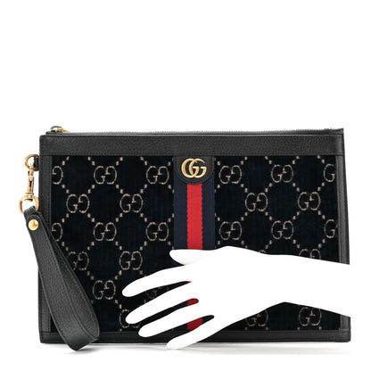 Gucci Velvet GG Monogram Textured Calfskin Web Ophidia Wristlet Blue Beige Black 2 of 10