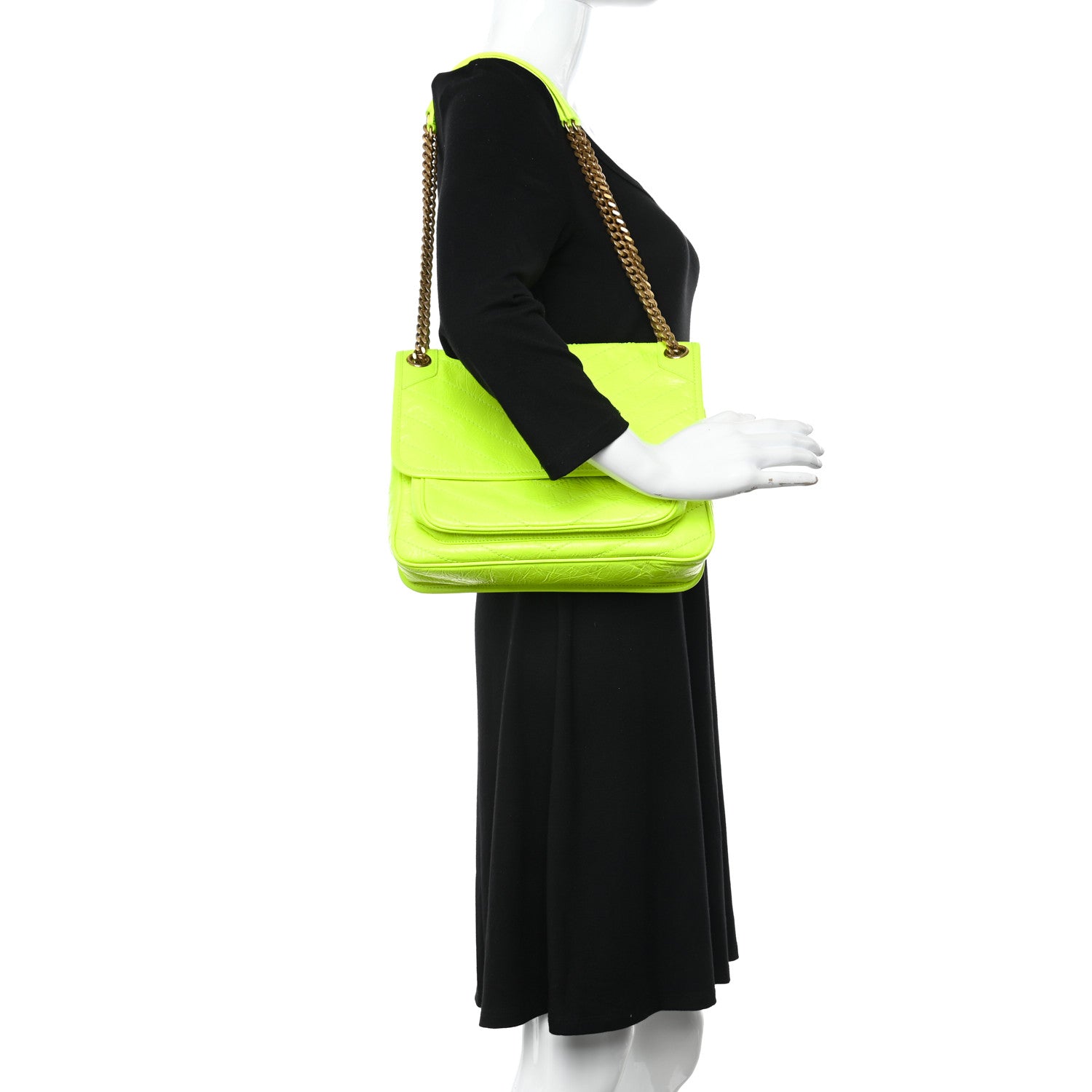 Saint Laurent Crinkled Calfskin Matelasse Monogram Medium Niki Chain Satchel Neon Yellow 2 of 13