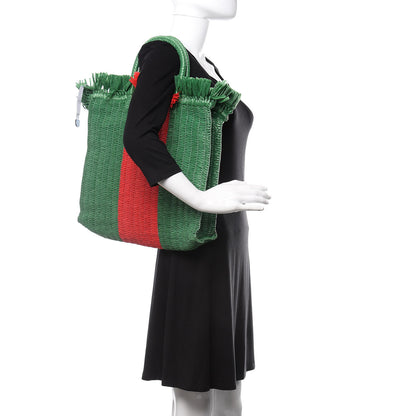 Gucci Raffia Linen Web Cestino Tote Bag Red Green 3 of 11