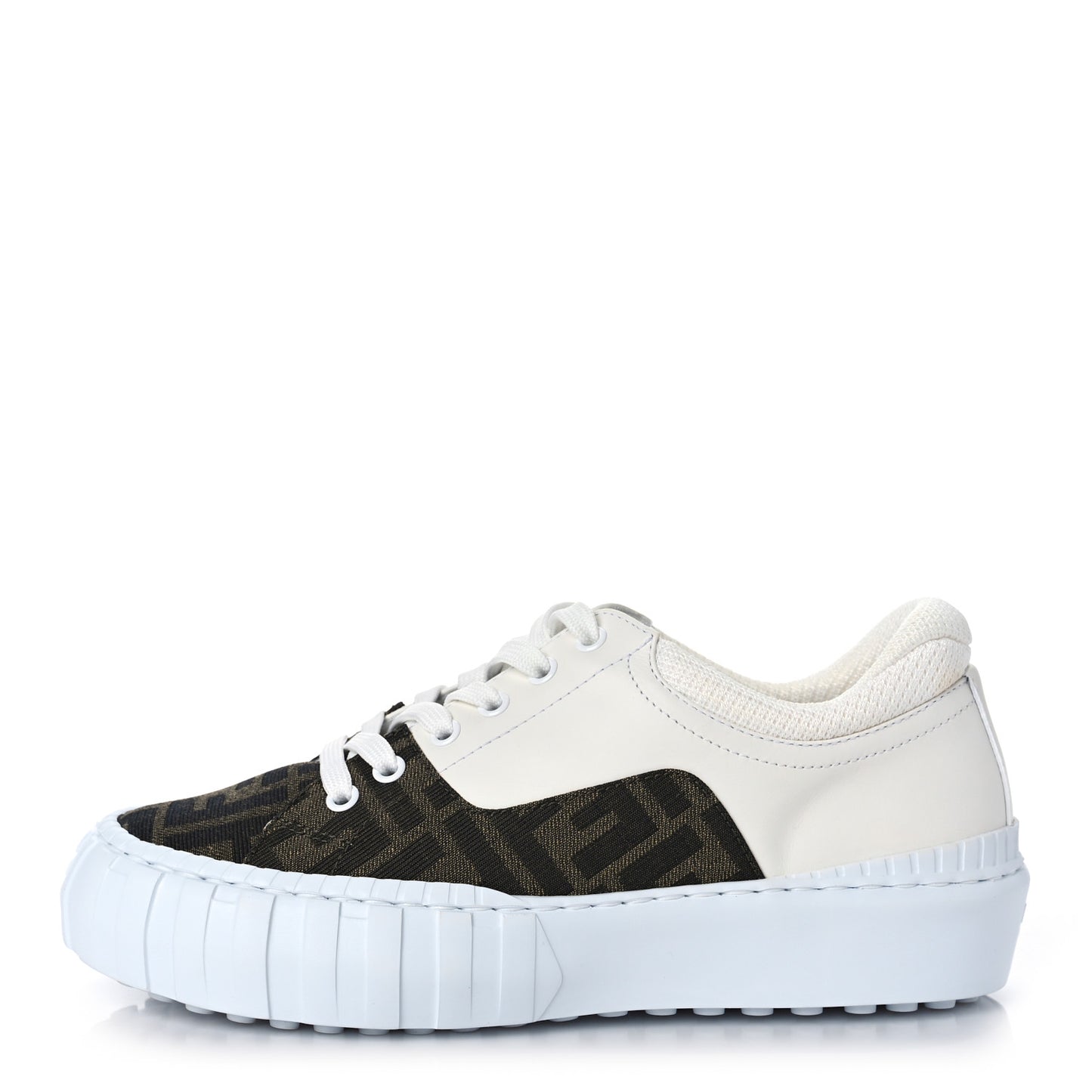 Fabric Jacquard Vitello Technical Fabric FF Womens Fendi Force Low Top Sneakers 38 Tobacco Black Ultrawhite White