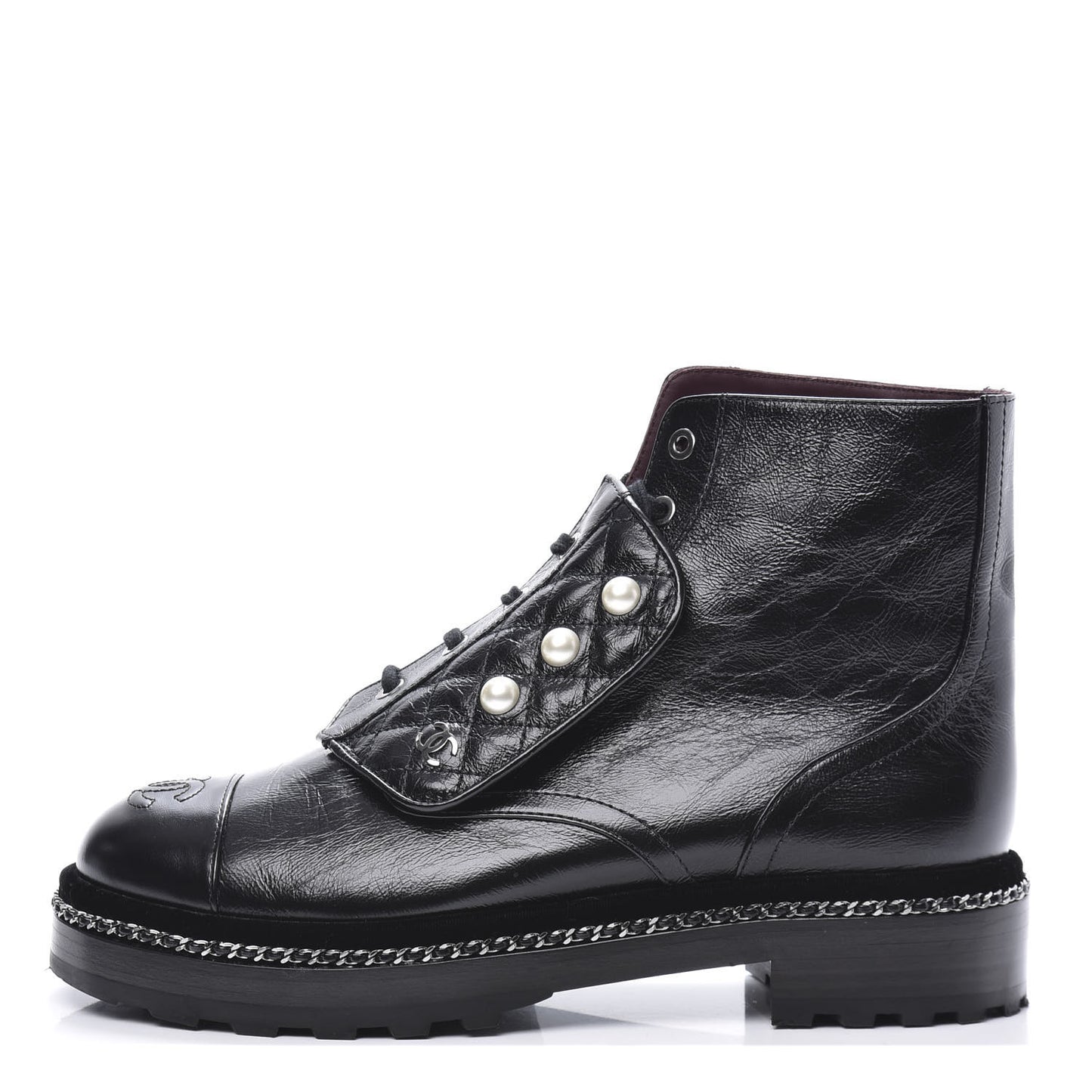 Crackled Calfskin Velvet Pearl Combat Short Boots 40 Black