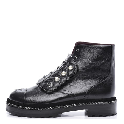 Chanel Crackled Calfskin Velvet Pearl Combat Short Boots 40 Black 2 of 8