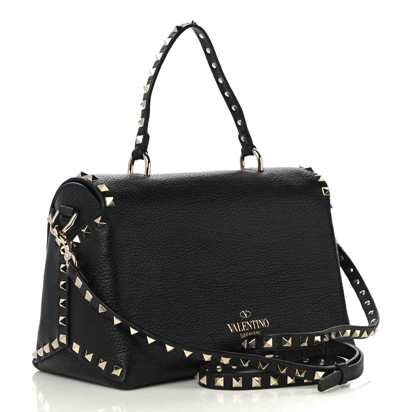 Pebbled Calfskin Rockstud Single Handle Flap Bag Black