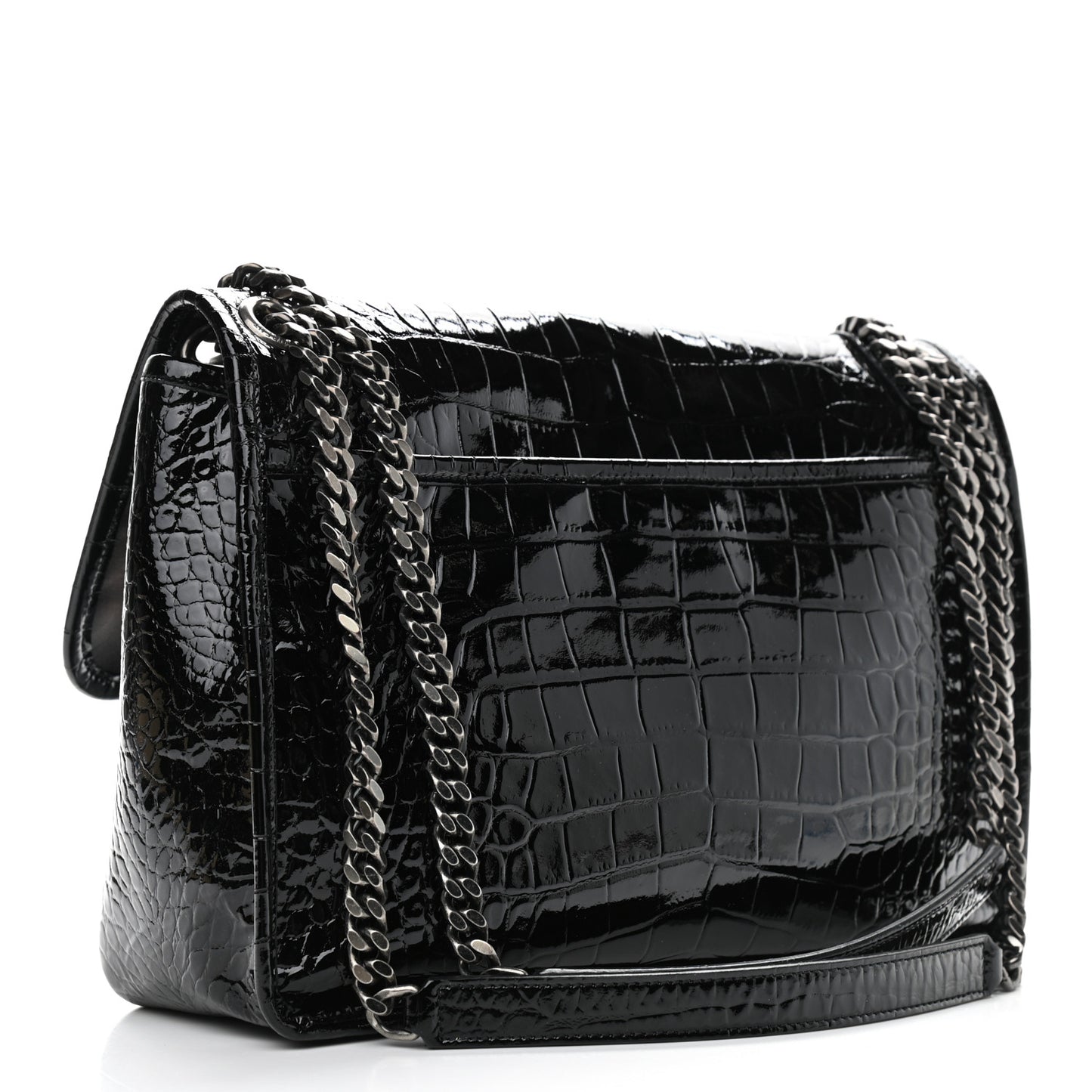Patent Crocodile Embossed Lambskin Monogram Medium Niki Chain Satchel Black