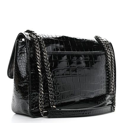 Saint Laurent Patent Crocodile Embossed Lambskin Monogram Medium Niki Chain Satchel Black 3 of 11