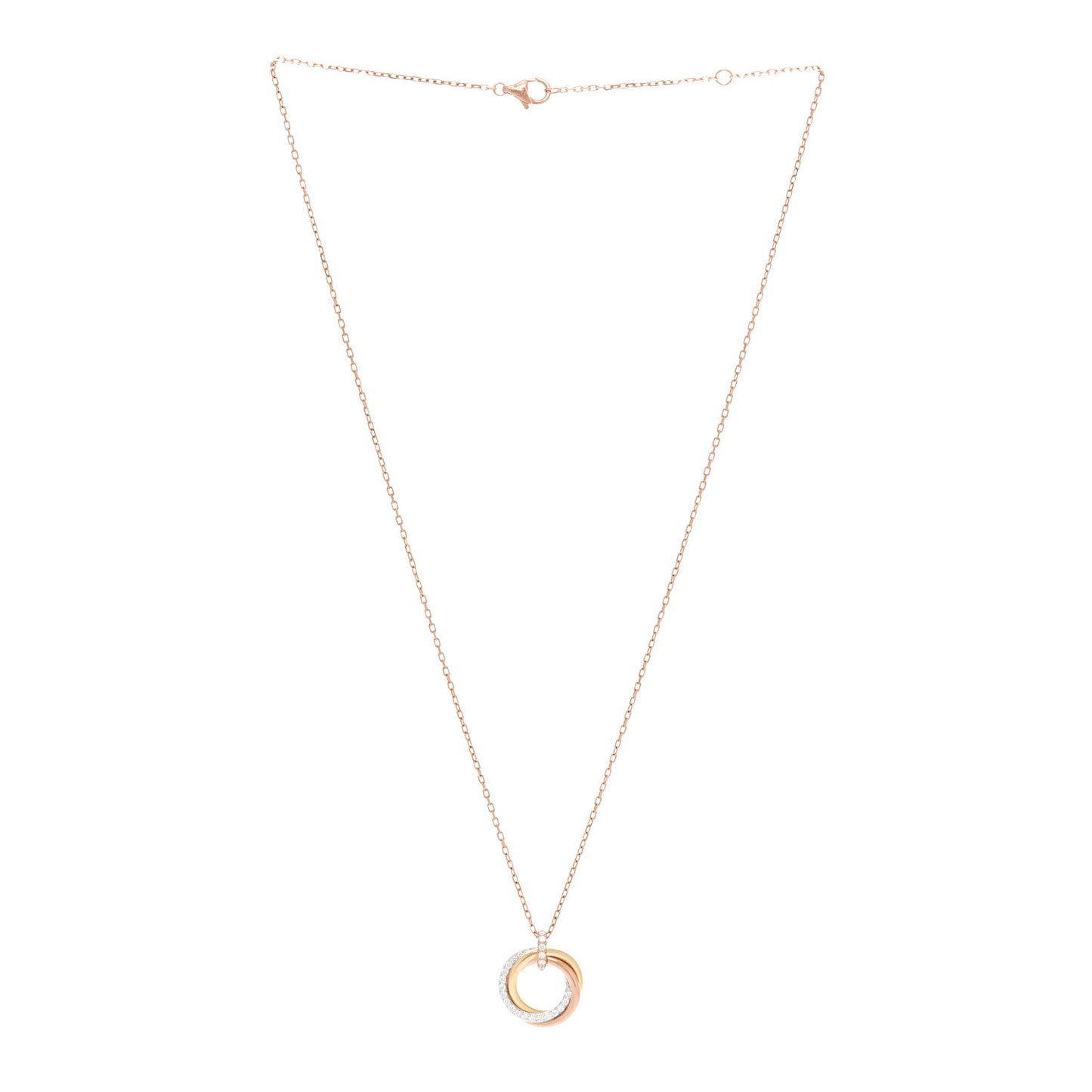 18K Pink White Yellow Gold Diamond Small Trinity Half Paved Pendant Necklace