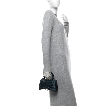 Balenciaga Shiny Calfskin Crocodile Embossed Hourglass Top Handle Bag XS Denim Blue 2 of 11