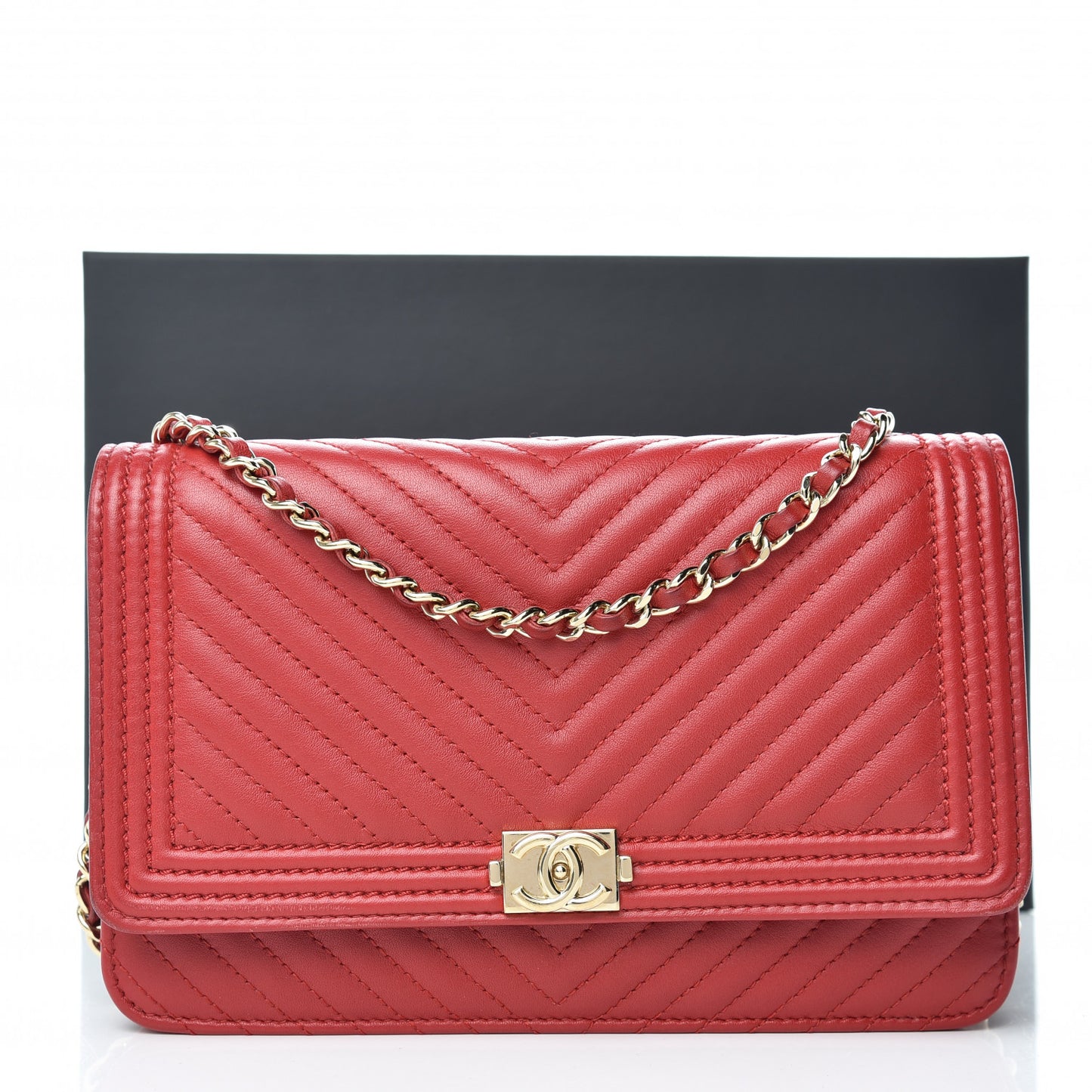 Lambskin Chevron Quilted Boy Wallet On Chain WOC Red