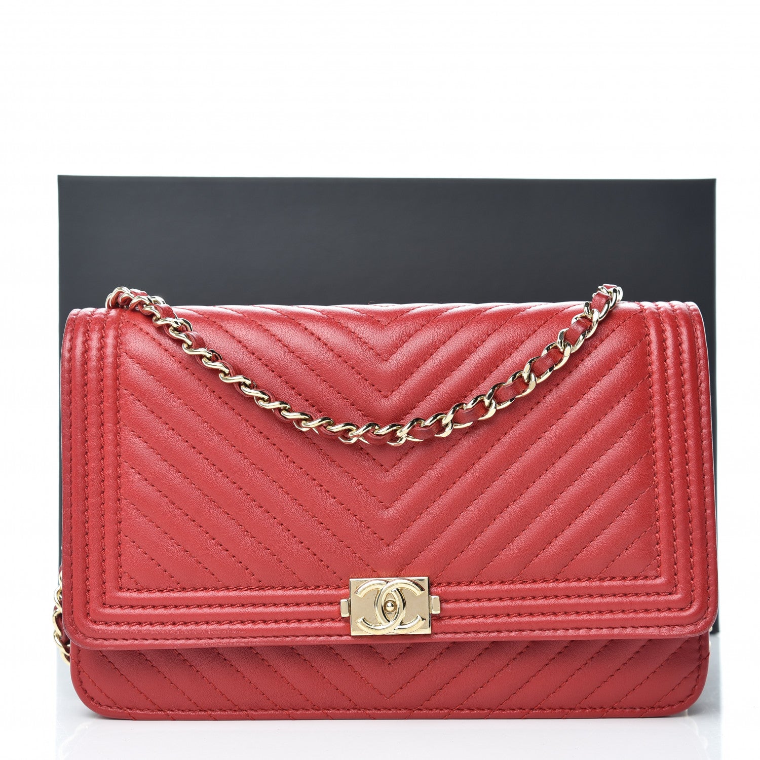 Chanel Lambskin Chevron Quilted Boy Wallet On Chain WOC Red 12 of 12