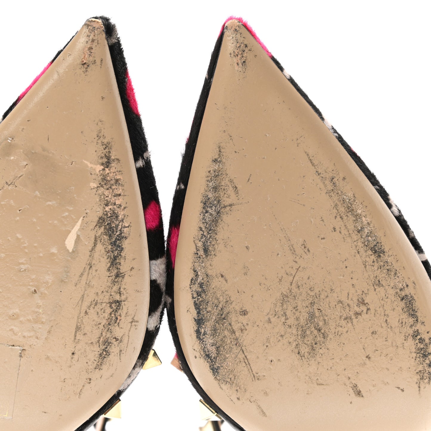 Calf Hair Leopard Print Rockstud Ankle Strap Pumps 40 Black Pink