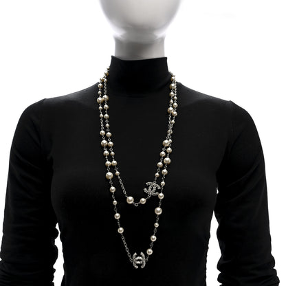 Chanel Pearl Baguette Crystal CC Long Necklace Silver 2 of 4