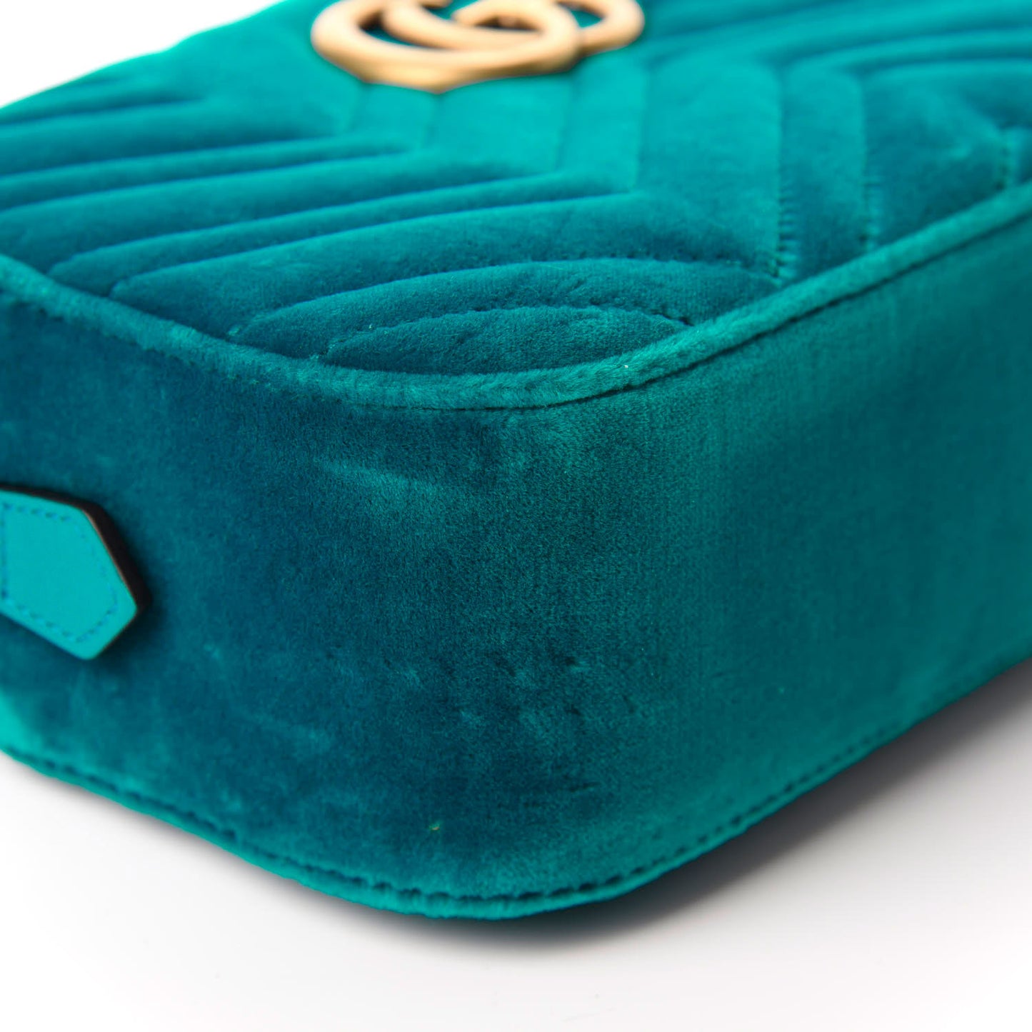 Velvet Matelasse Small GG Marmont Chain Shoulder Bag Pavone Cyan