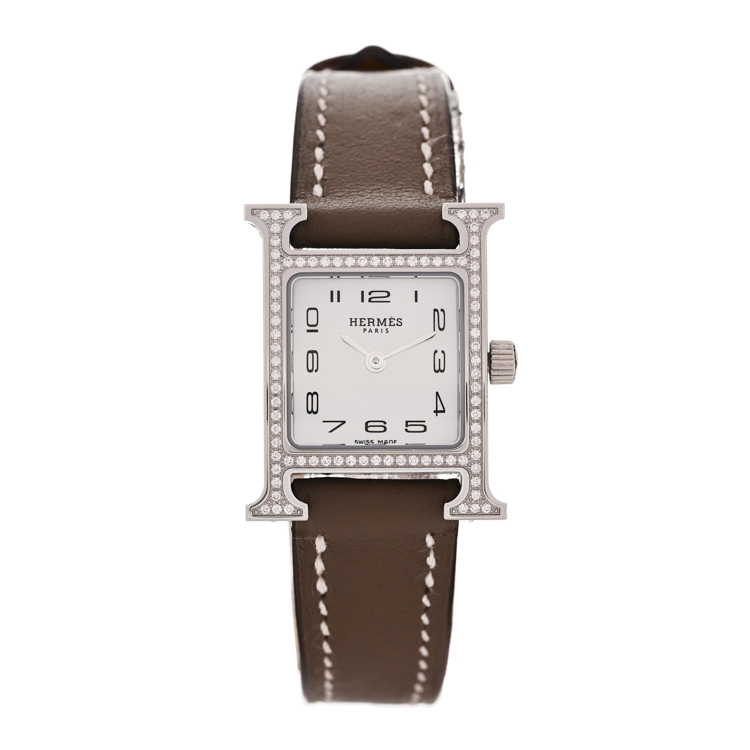 Hermes Stainless Steel Swift Diamond Bezel Mother of Pearl 17.2mm Heure H Hour Quartz Watch Etoupe 1 of 5