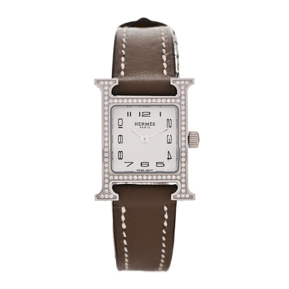 Hermes Stainless Steel Swift Diamond Bezel Mother of Pearl 17.2mm Heure H Hour Quartz Watch Etoupe 1 of 5