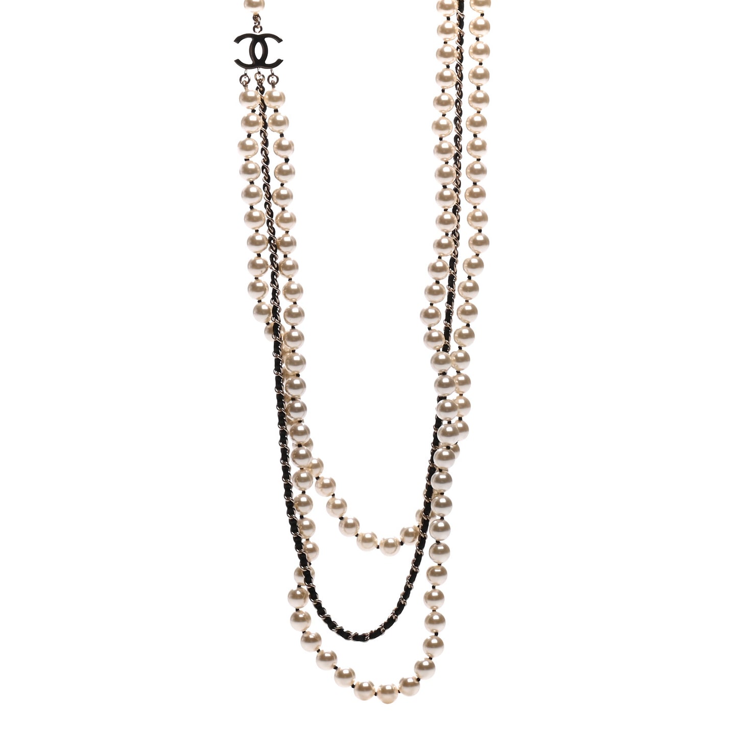 Pearl Lambskin Crystal CC Vintage Allure Necklace Gold Black