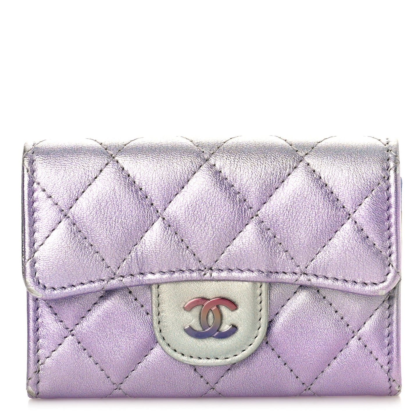 Gradient Metallic Calfskin Quilted Flap Card Holder Wallet Silver Blue Yellow Purple