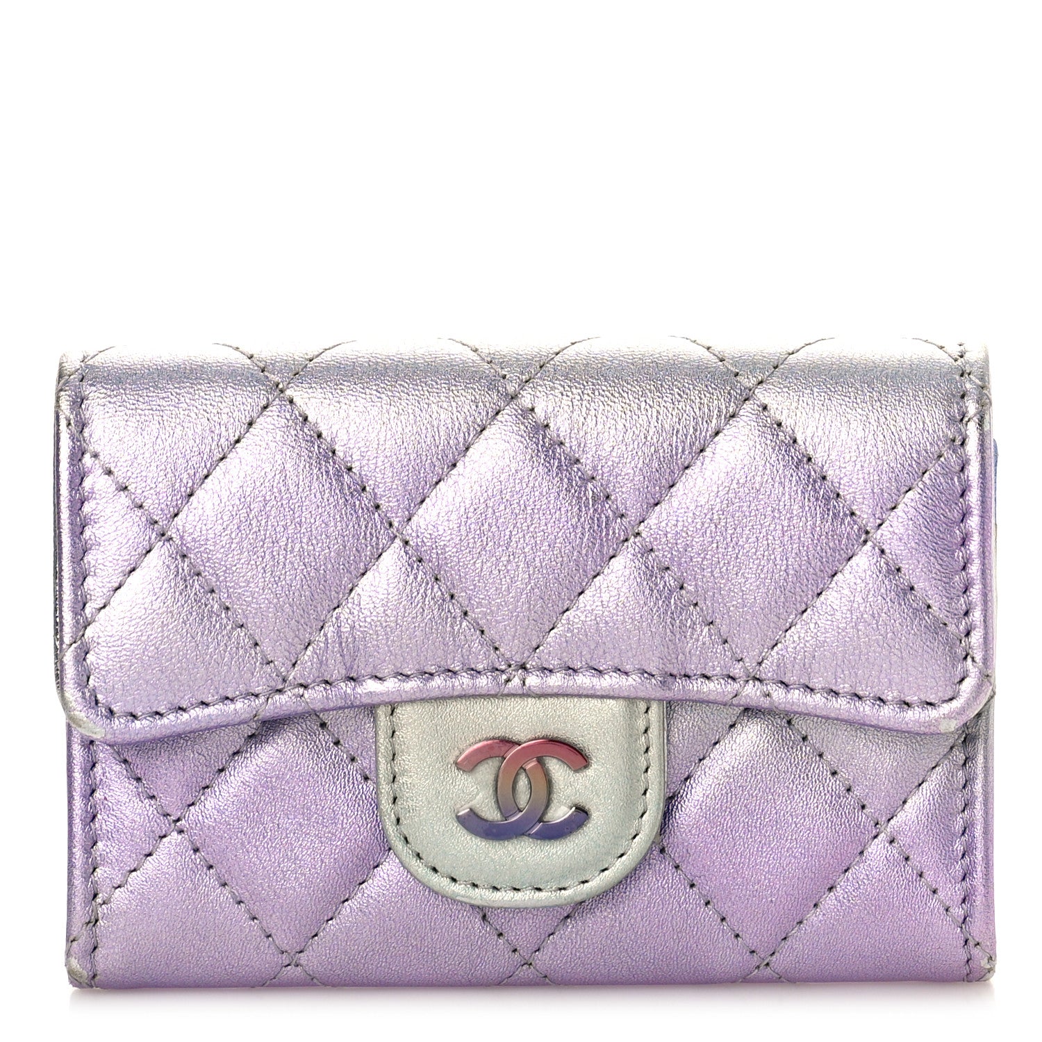 Chanel Gradient Metallic Calfskin Quilted Flap Card Holder Wallet Silver Blue Yellow Purple 1 of 10