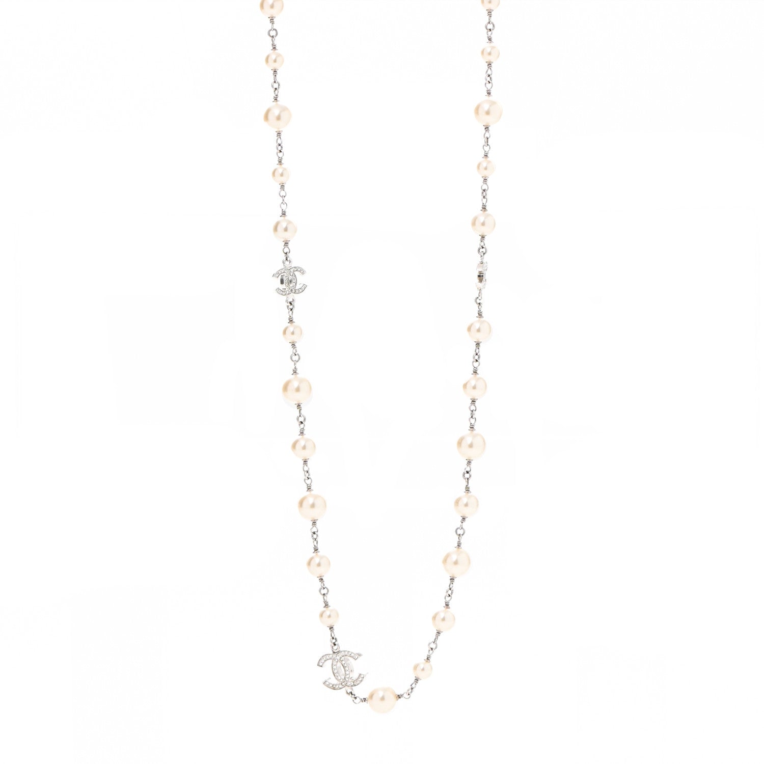 Chanel Graduated Pearl Crystal CC Long Necklace Silver 1 of 7