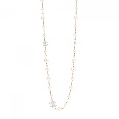 Chanel Graduated Pearl Crystal CC Long Necklace Silver 1 of 7