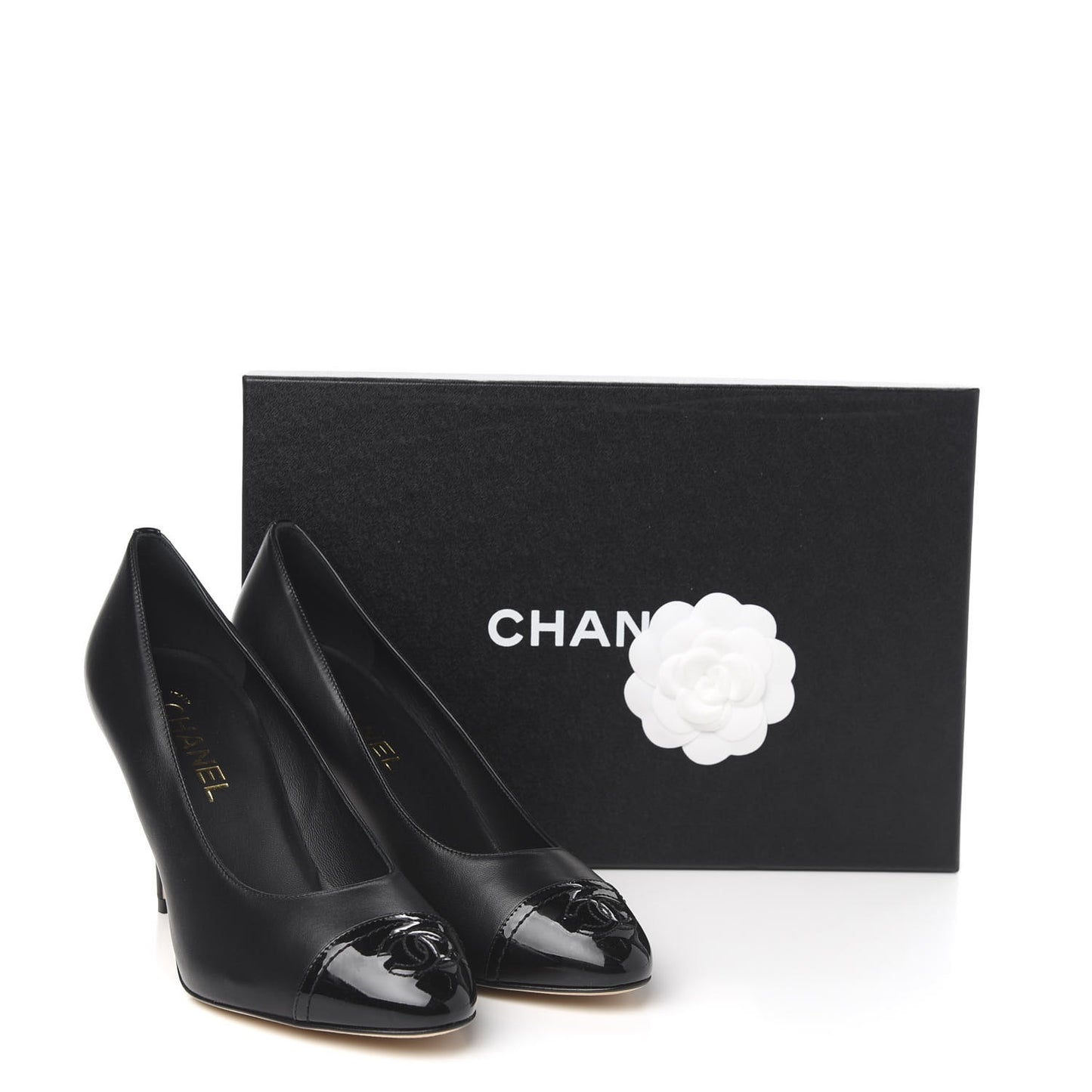 Lambskin Patent Calfskin Cap Toe CC Pumps 38.5 Black