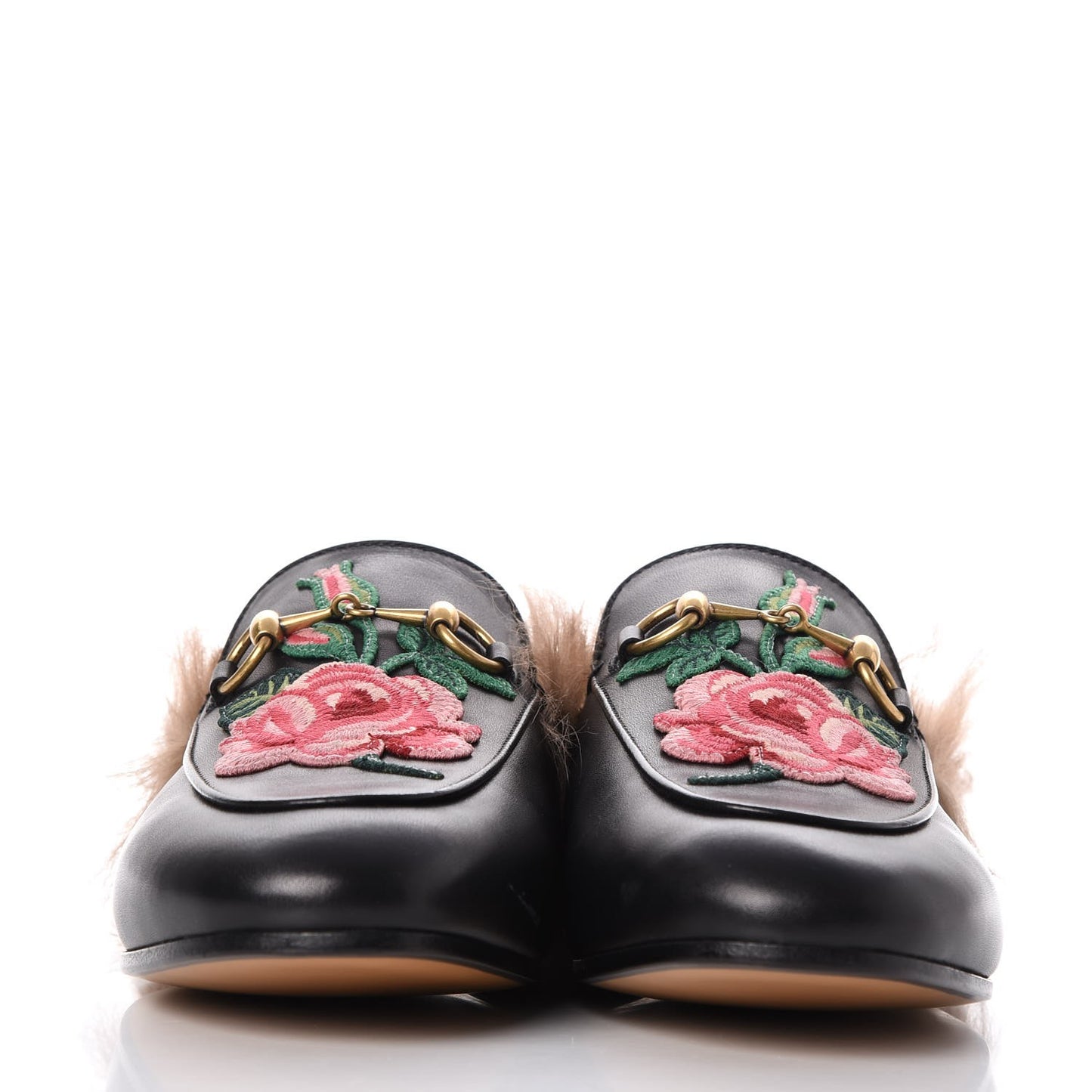 Calfskin Fur Flower Embroidered Womens Princetown Slippers 36.5 Black