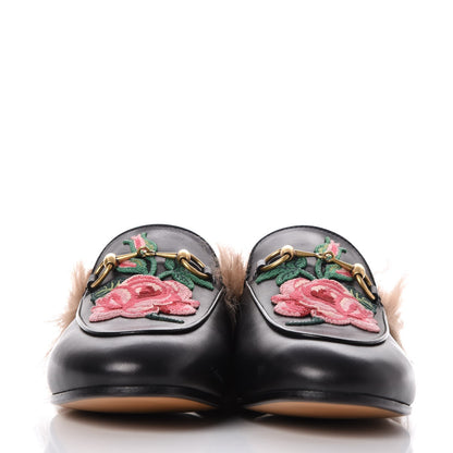 Gucci Calfskin Fur Flower Embroidered Womens Princetown Slippers 36.5 Black 2 of 8