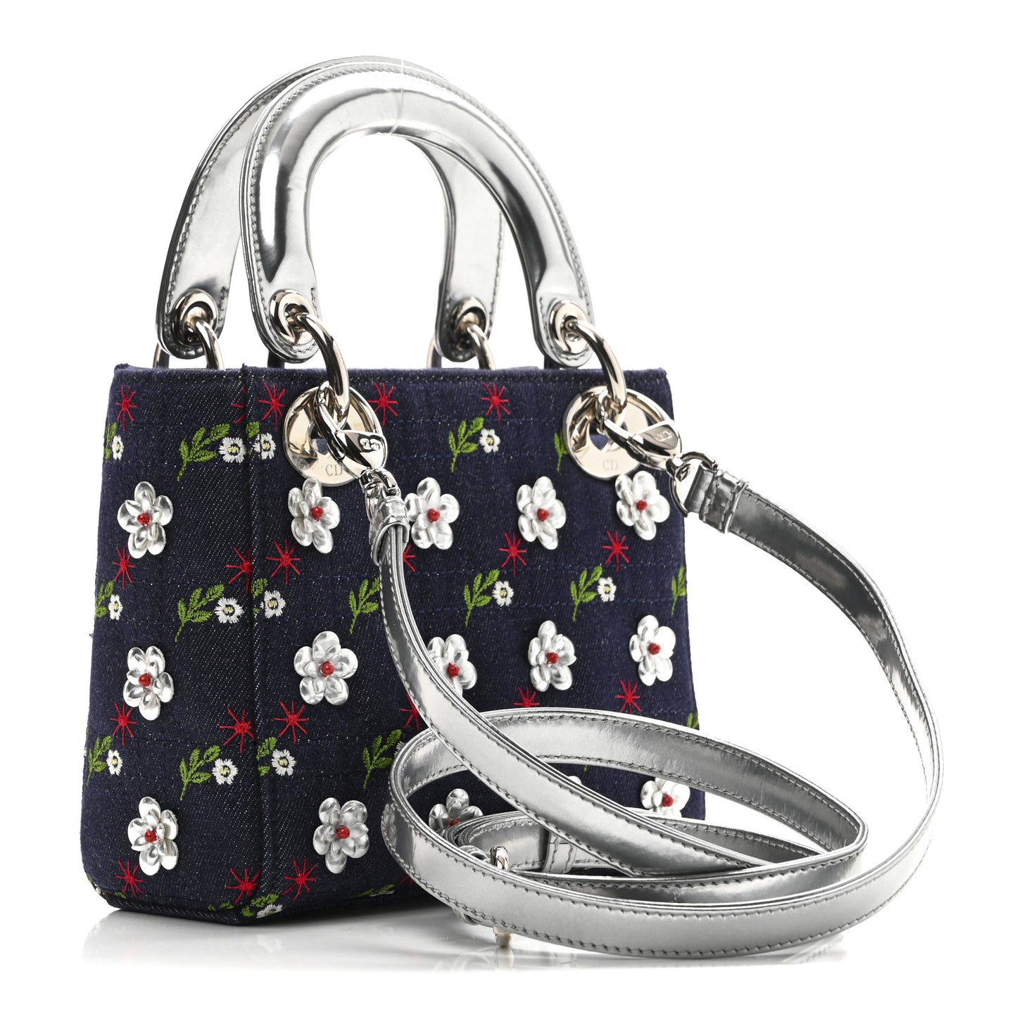 Denim Cannage Floral Embroidered Mini Lady Dior Blue