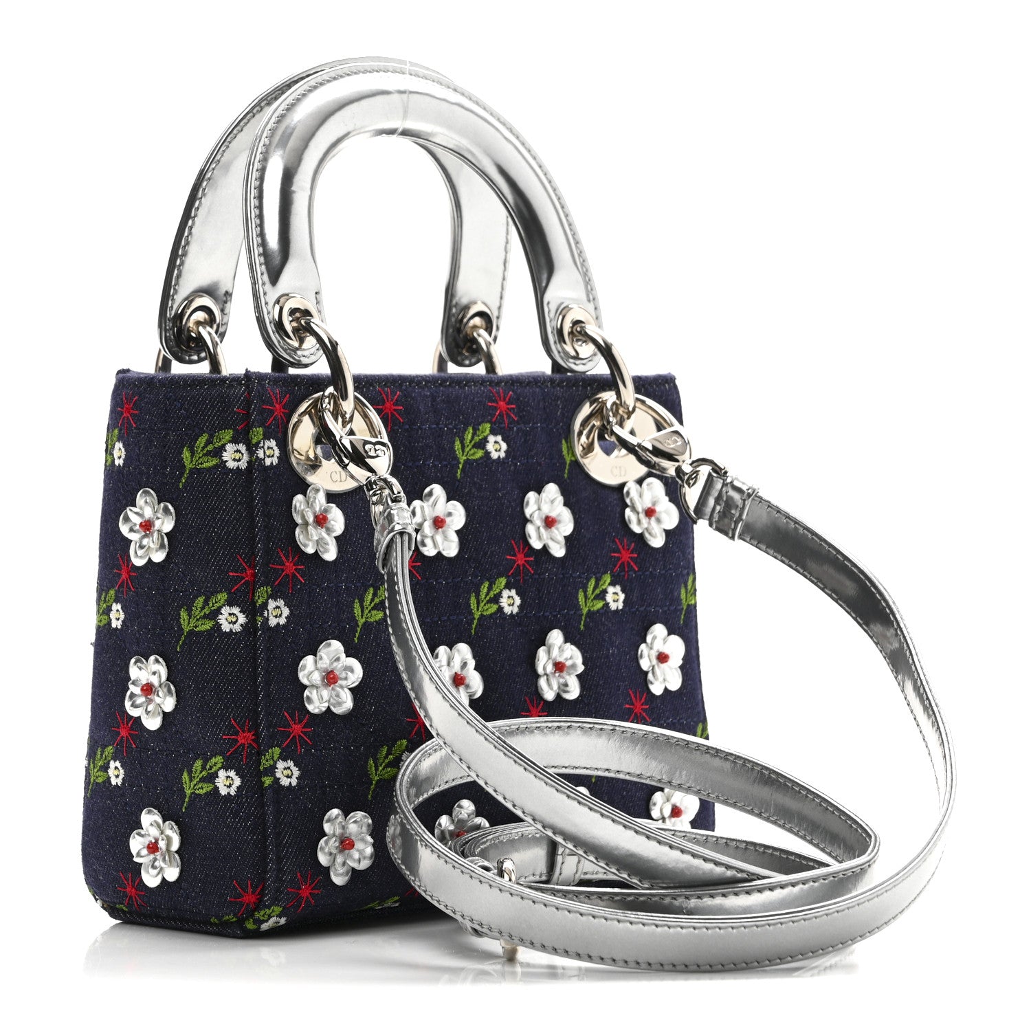Christian Dior Denim Cannage Floral Embroidered Mini Lady Dior Blue 3 of 9