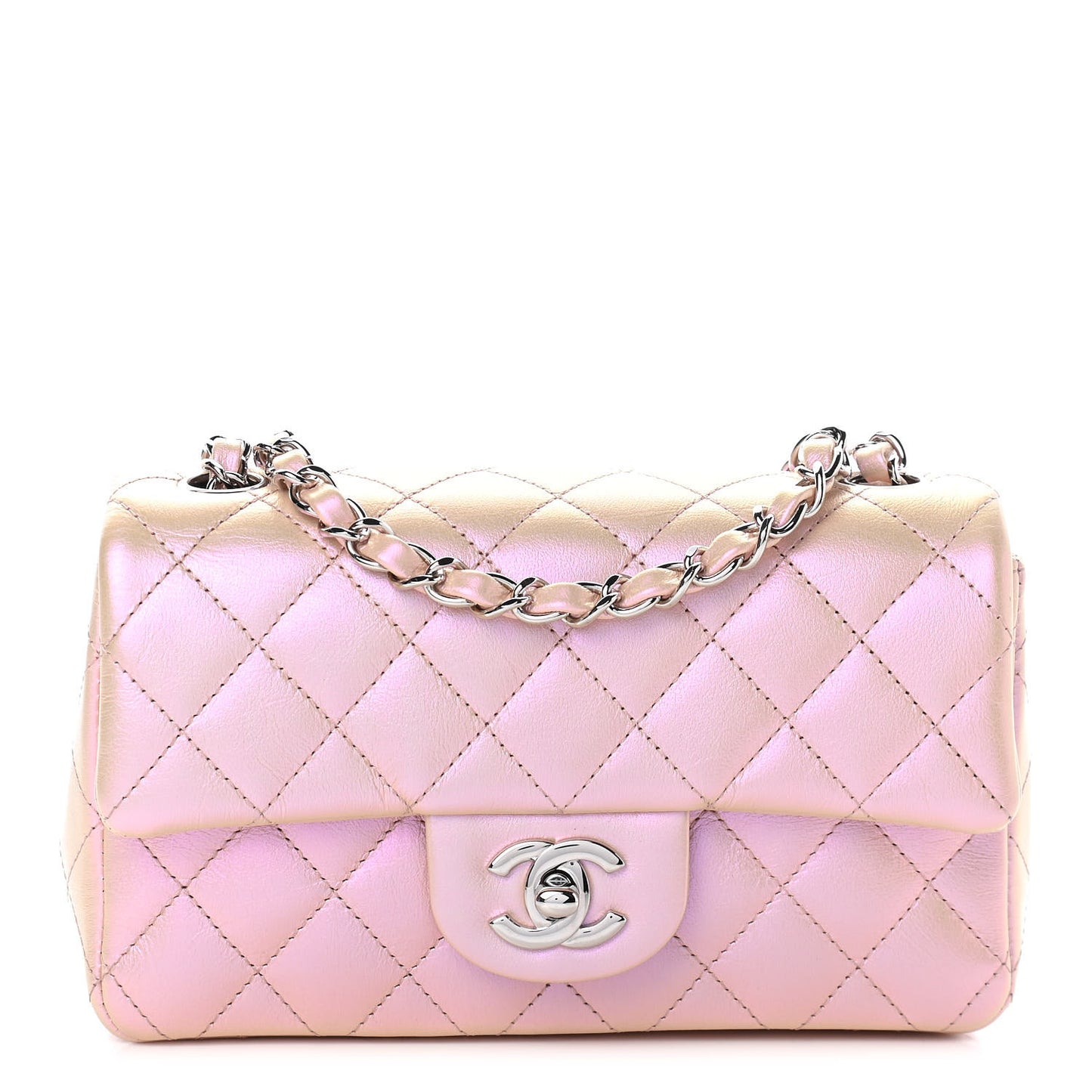 Iridescent Calfskin Quilted Mini Rectangular Flap Pink