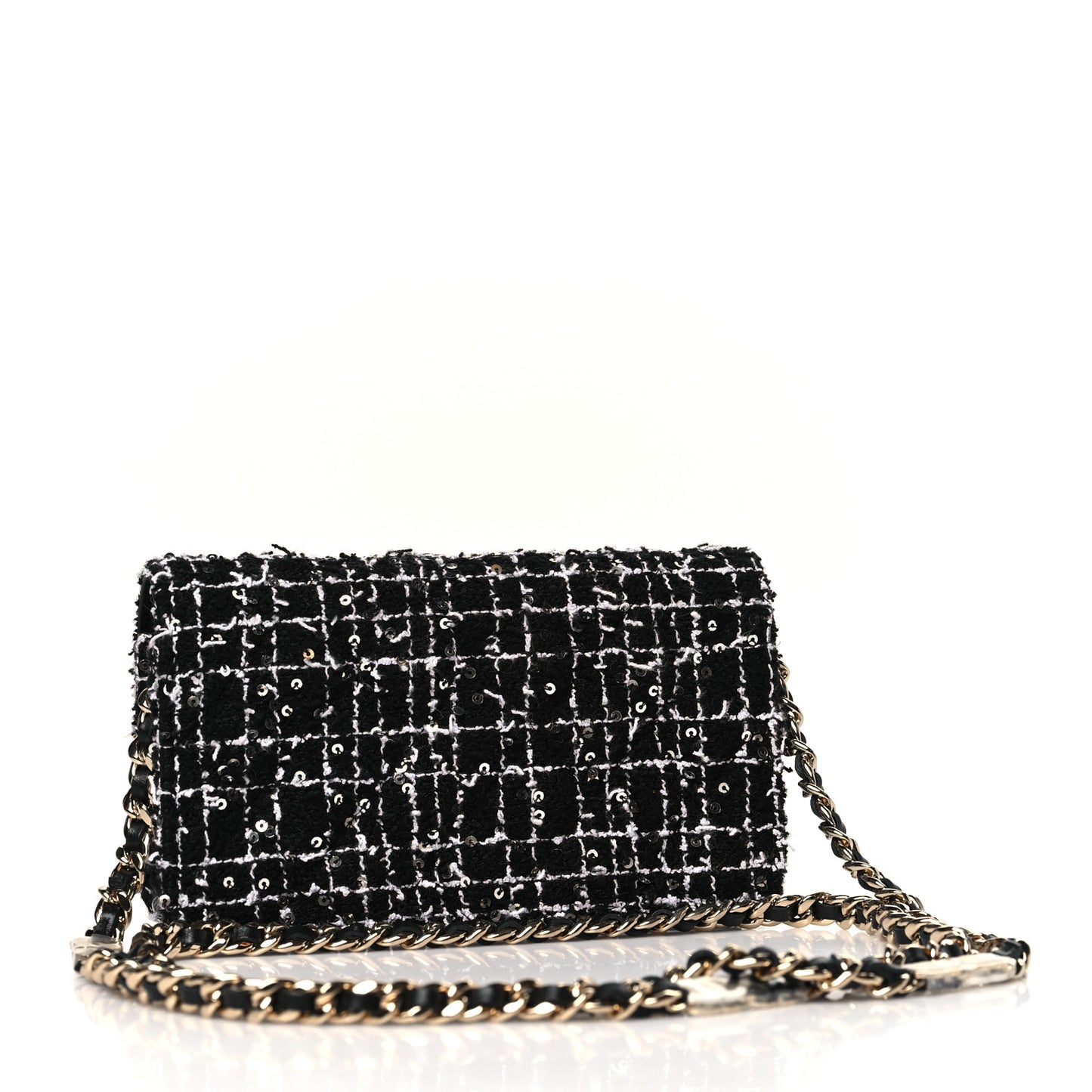 Tweed Sequin Quilted CC Flap Phone Holder With Chain Black White