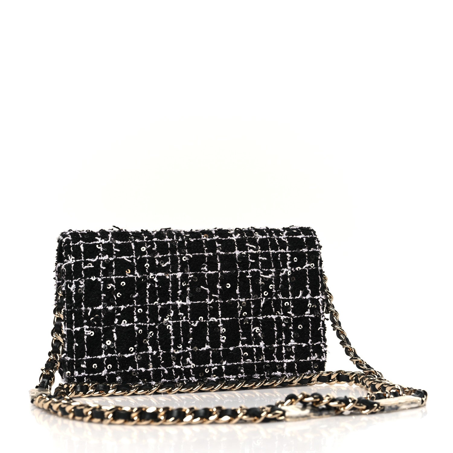 Chanel Tweed Sequin Quilted CC Flap Phone Holder With Chain Black White 3 of 11
