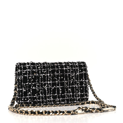 Chanel Tweed Sequin Quilted CC Flap Phone Holder With Chain Black White 3 of 11