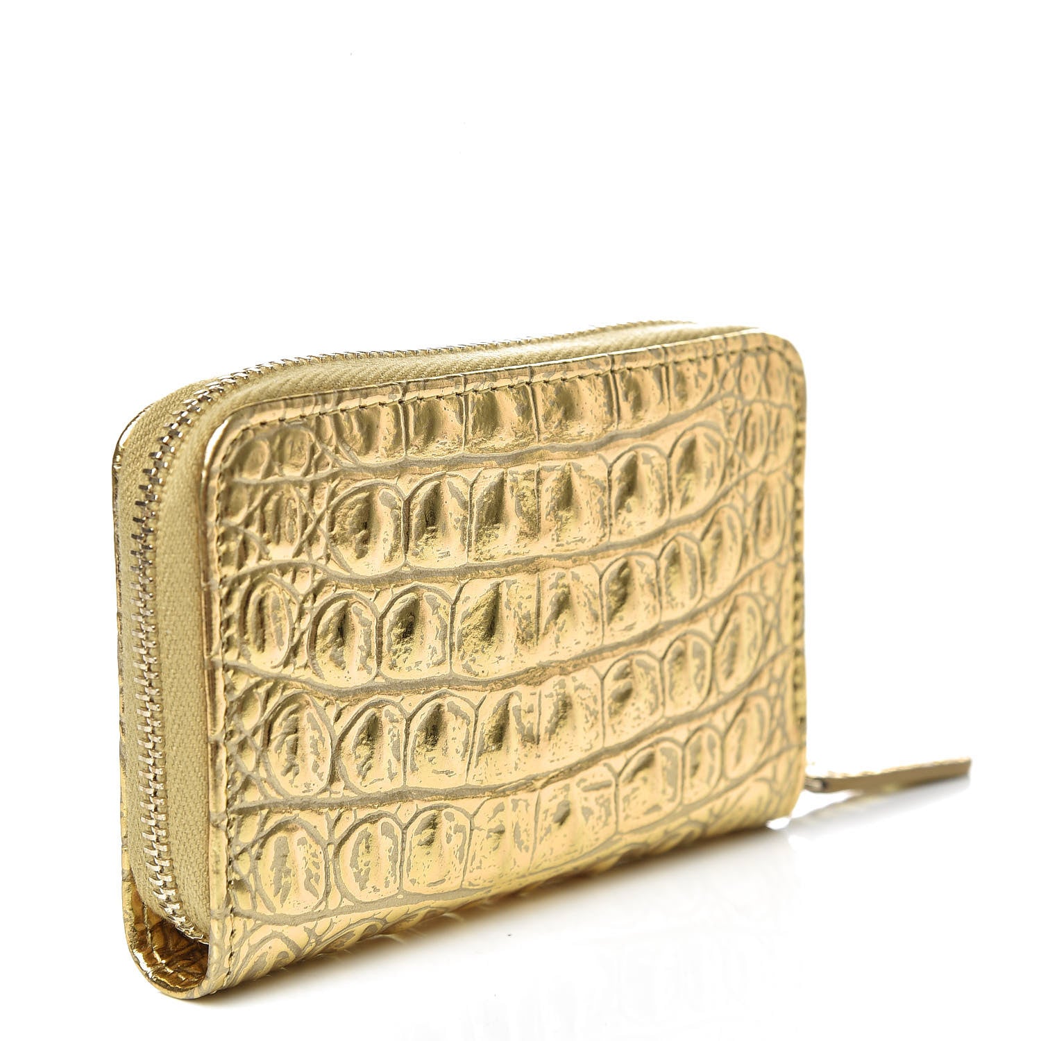 Chanel Metallic Calfskin Crocodile Embossed Cocodile Zip Coin Case Gold 3 of 8