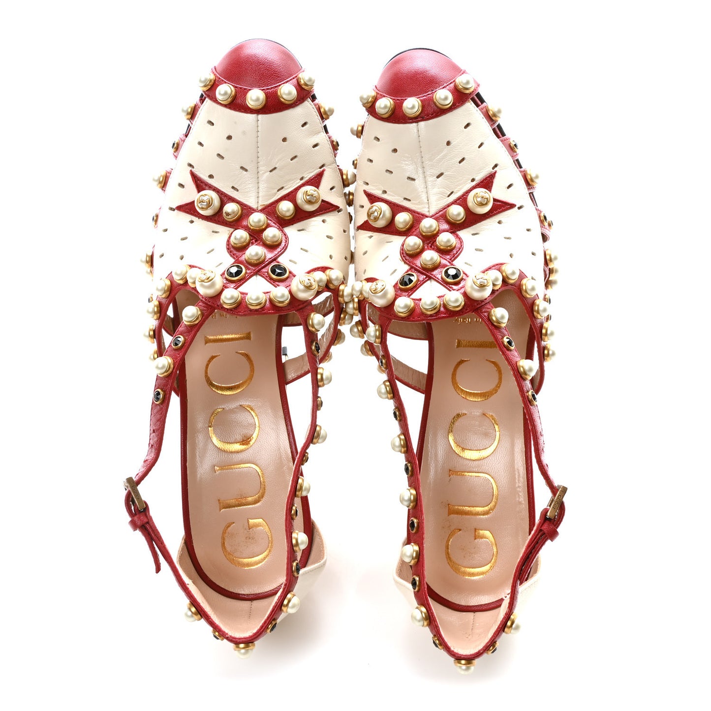 Calfskin Pearl Studded Tracey Pumps 36 Red White