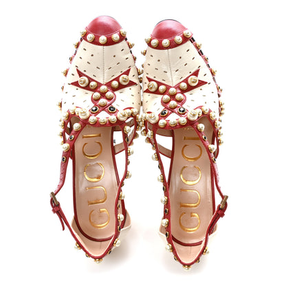 Gucci Calfskin Pearl Studded Tracey Pumps 36 Red White 2 of 9