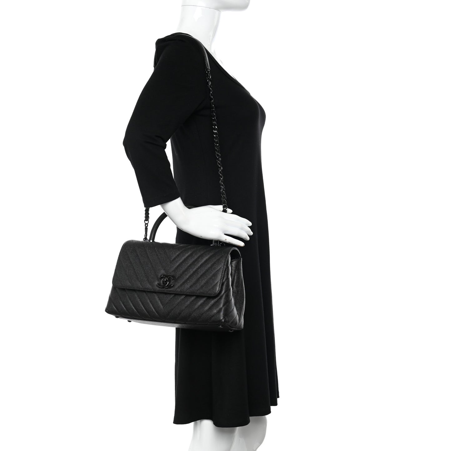 Caviar Chevron Quilted Small Coco Handle Flap So Black