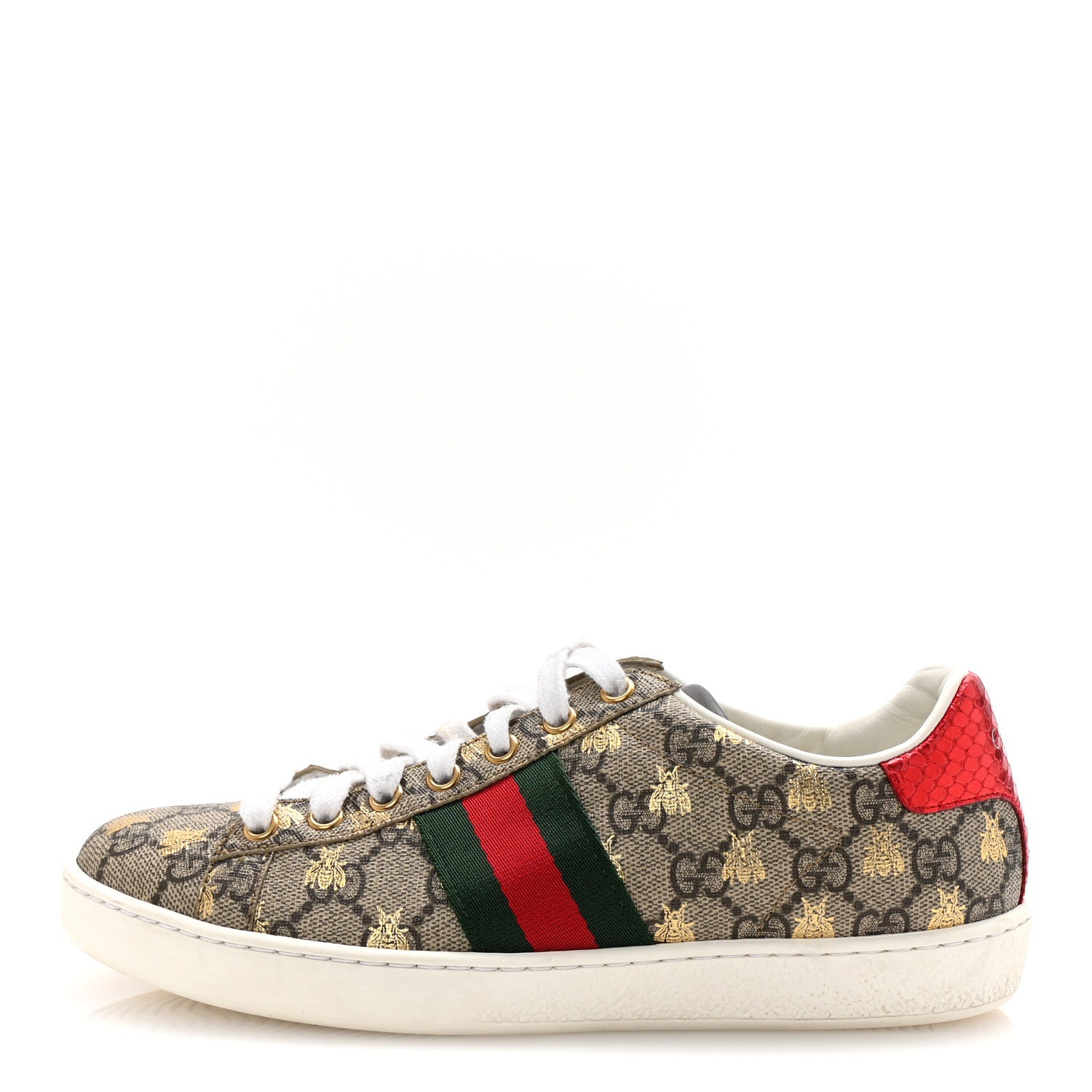 Gucci GG Supreme Monogram Bees Ayers Web Womens Ace Sneakers 37 Beige Oro Green Red 1 of 10