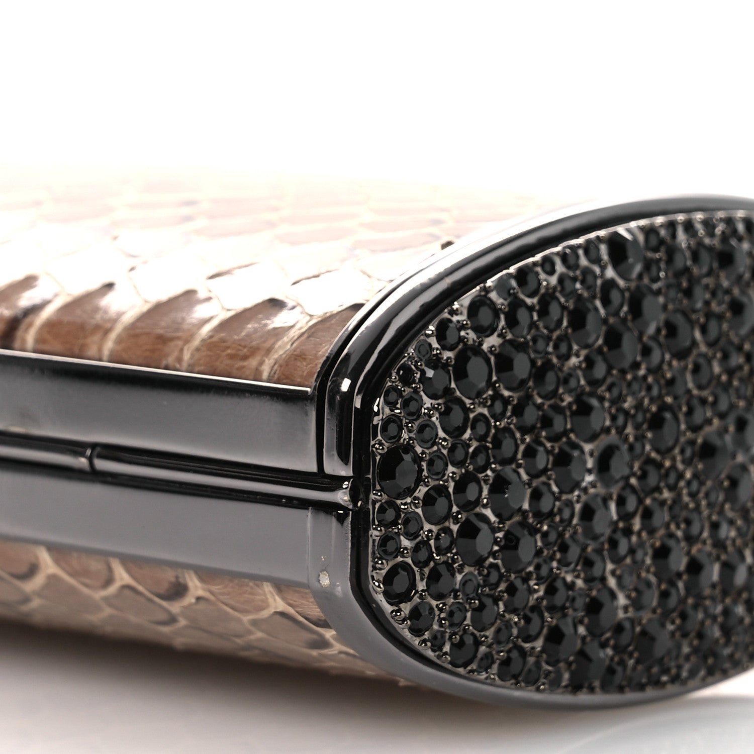 Judith Leiber Snakeskin Crystal Box Clutch Brown Black 9 of 10