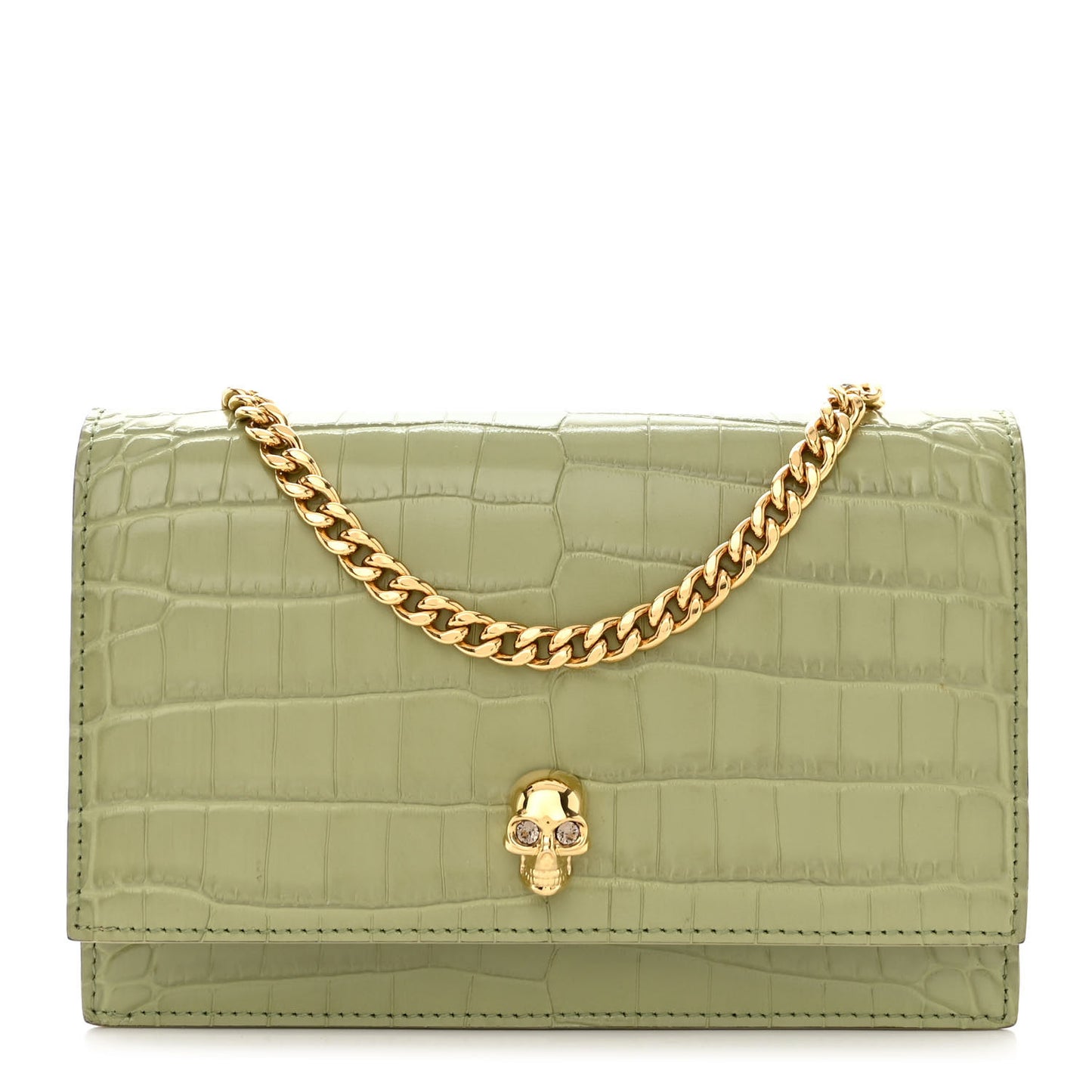 Calfskin Crocodile Embossed Skull Mini Crossbody Bag Sage