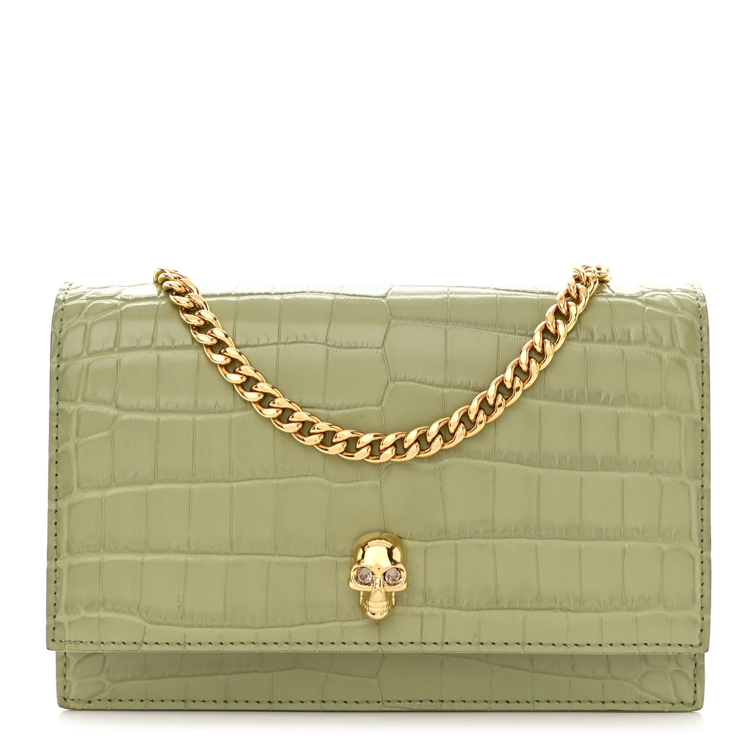 Alexander McQueen Calfskin Crocodile Embossed Skull Mini Crossbody Bag Sage 1 of 11