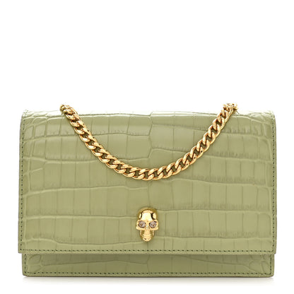 Alexander McQueen Calfskin Crocodile Embossed Skull Mini Crossbody Bag Sage 1 of 11