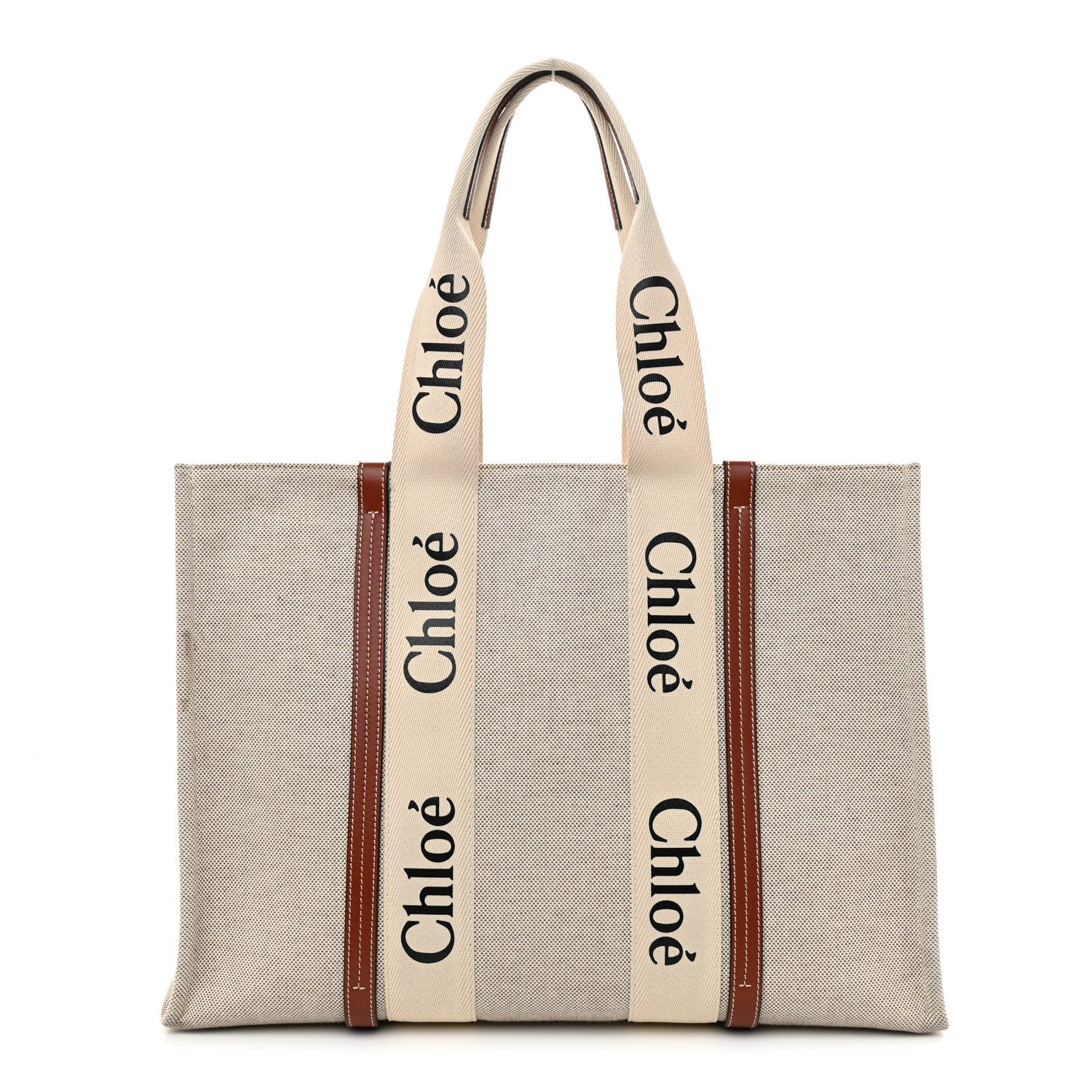 Chloe Cotton Calfskin Large Woody Ribbon Tote White Brown 1 of 9