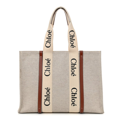 Chloe Cotton Calfskin Large Woody Ribbon Tote White Brown 1 of 9