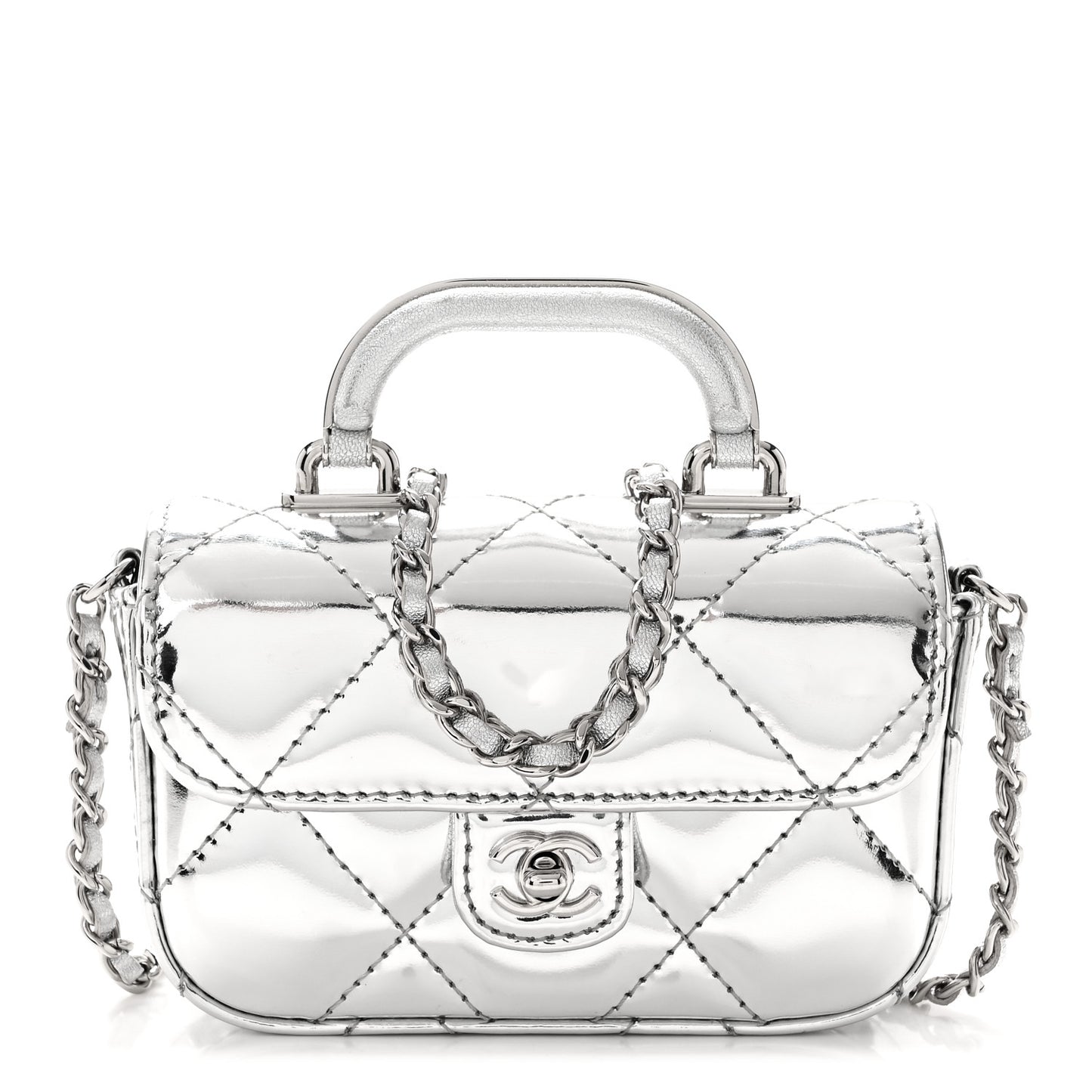 Mirror Calfskin Small Top Handle Clutch With Chain Silver