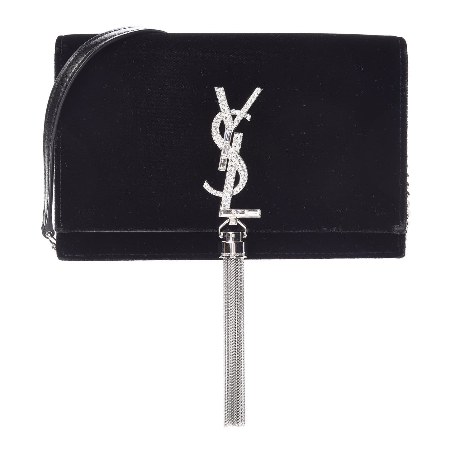 Velvet Crystal Monogram Tassel Chain Wallet Black