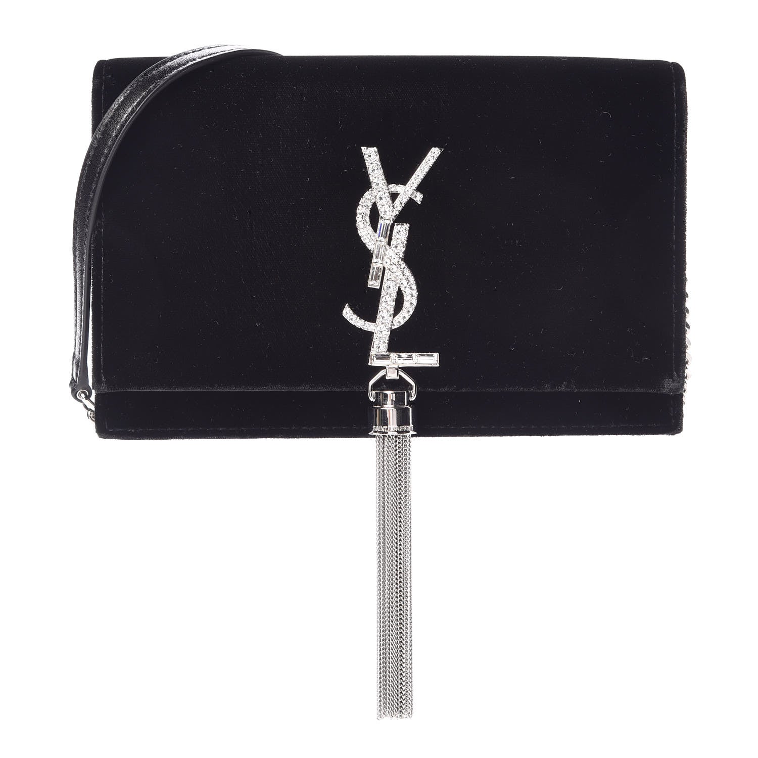 Saint Laurent Velvet Crystal Monogram Tassel Chain Wallet Black 1 of 10