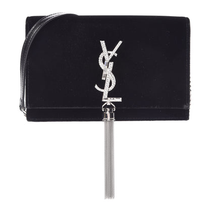 Saint Laurent Velvet Crystal Monogram Tassel Chain Wallet Black 1 of 10