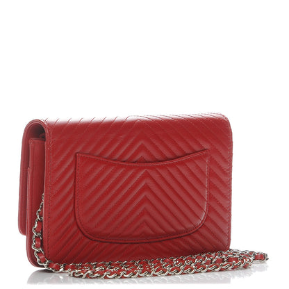 Chanel Caviar Chevron Quilted Wallet On Chain WOC Red 3 of 9