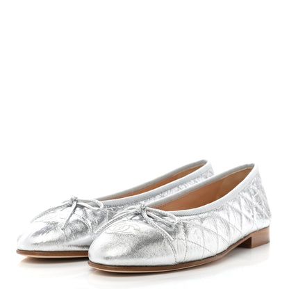 Chanel Metallic Aged Calfskin Quilted Cap Toe Ballerina Flats 37 Silver 3 of 9