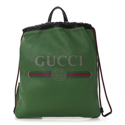 Gucci Grained Calfskin Logo Drawstring Backpack Green 1 of 11